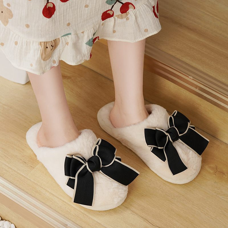 Winter Cute Bowknot Home Heren Indoor En Katoenen Pantoffels Dames Antislip Warm Outdoor Furry Couple