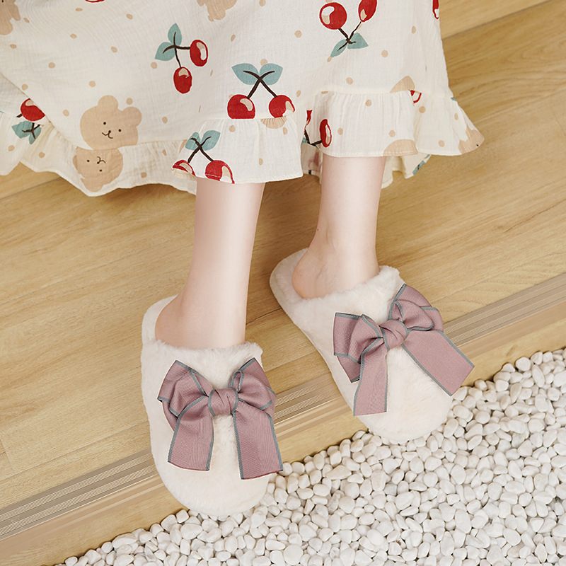 Winter Cute Bowknot Home Heren Indoor En Katoenen Pantoffels Dames Antislip Warm Outdoor Furry Couple