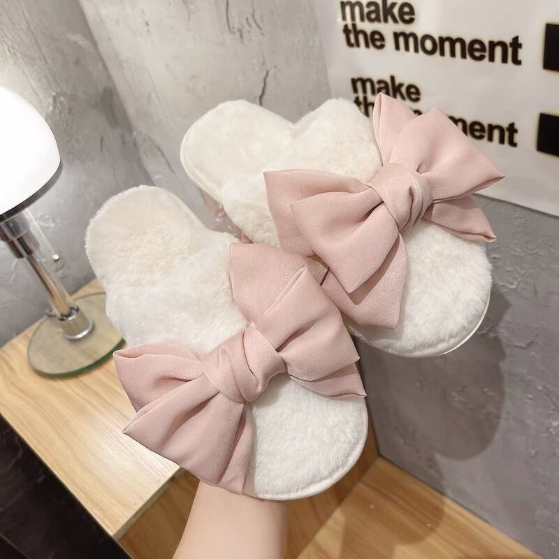 Winter Cute Bowknot Home Heren Indoor En Katoenen Pantoffels Dames Antislip Warm Outdoor Furry Couple