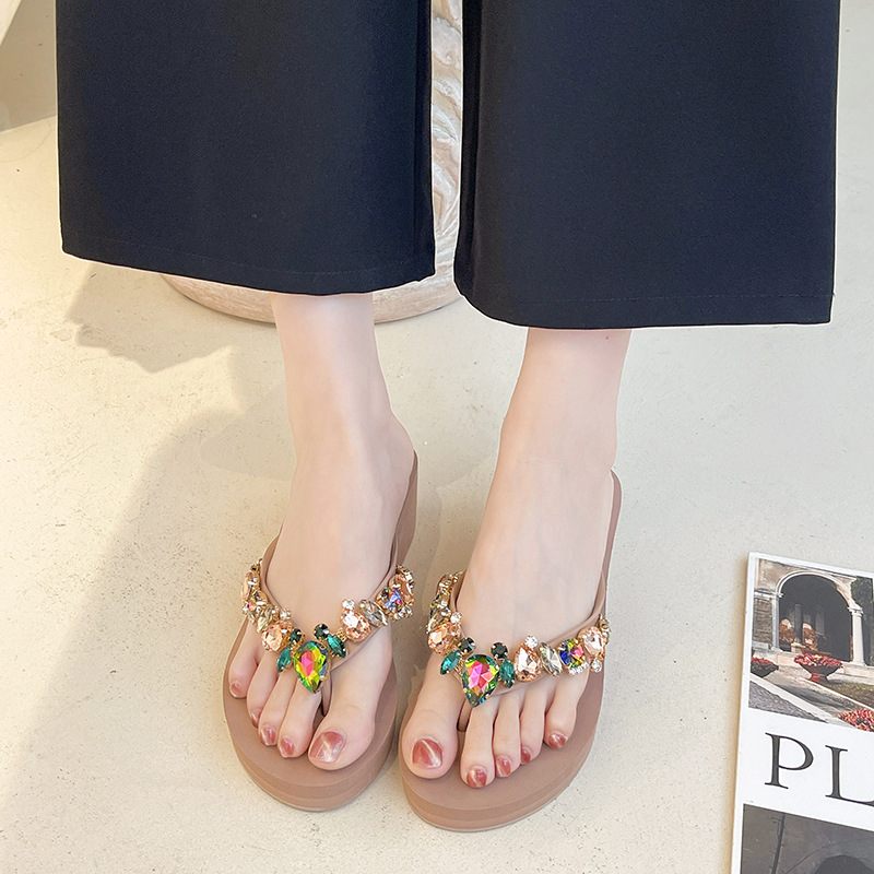 Zomer Nieuwe Kleur Glas Perzik Hart Strass Dikke Bodem Slippers Damesmode Strand