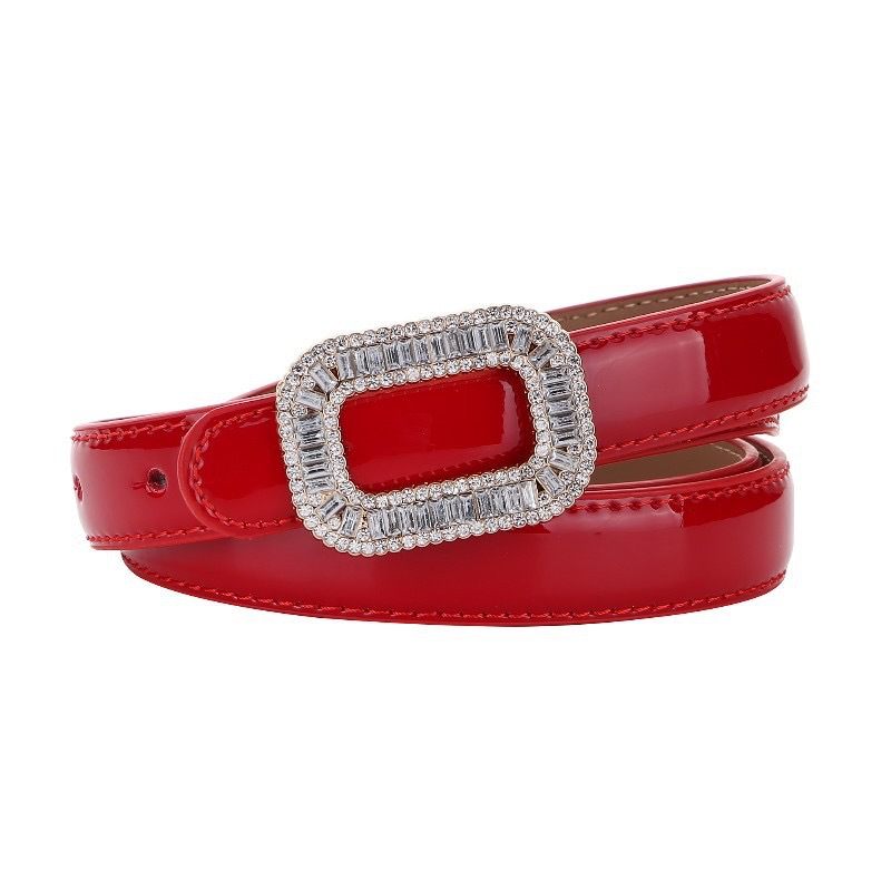 Strass Gesp Riem Dames Decoratieve Jurk Lakleer Echt Leer Dunne Taille Afdichting