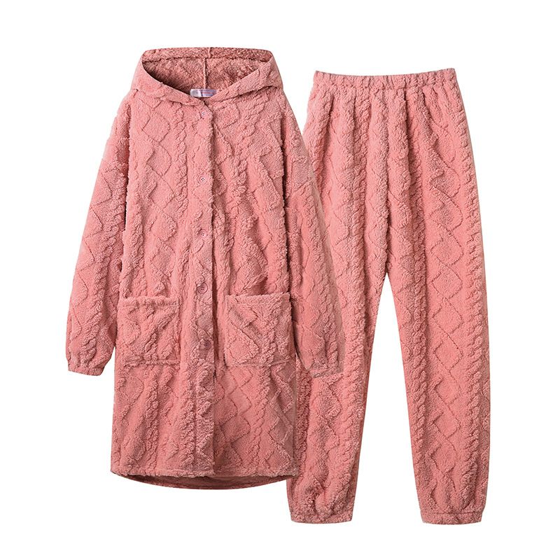 Dames Pyjama Flanellen Dikke Lange Jacquard Loungewear Set Met Capuchon