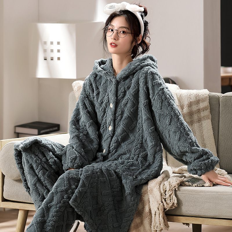 Dames Pyjama Flanellen Dikke Lange Jacquard Loungewear Set Met Capuchon