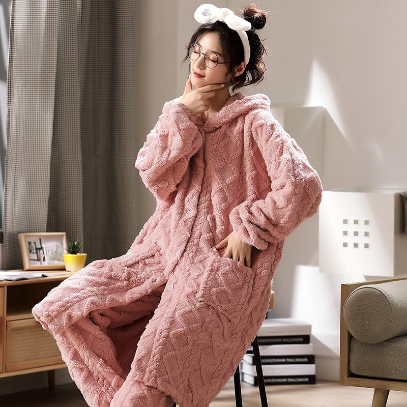 Dames Pyjama Flanellen Dikke Lange Jacquard Loungewear Set Met Capuchon