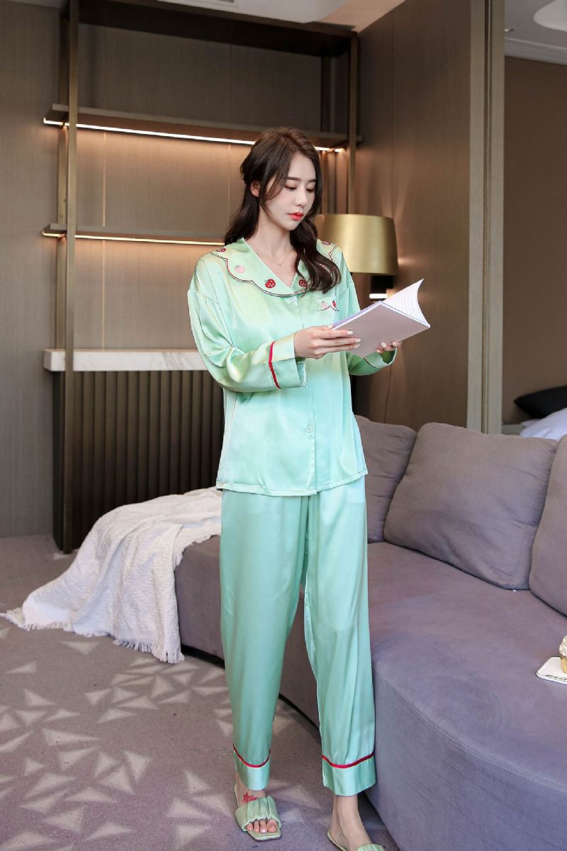 Dames Pyjama Lange Mouw Broek Sets Sexy Zijde Homewear