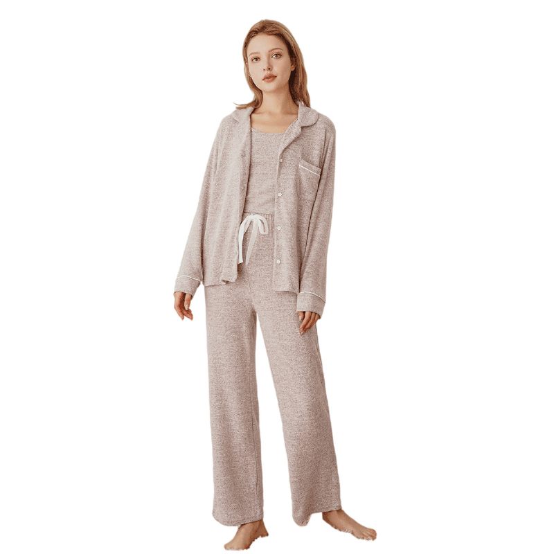 Dames Pyjama Lange Mouwen Roze Homewear Mode Dunne Driedelige Set