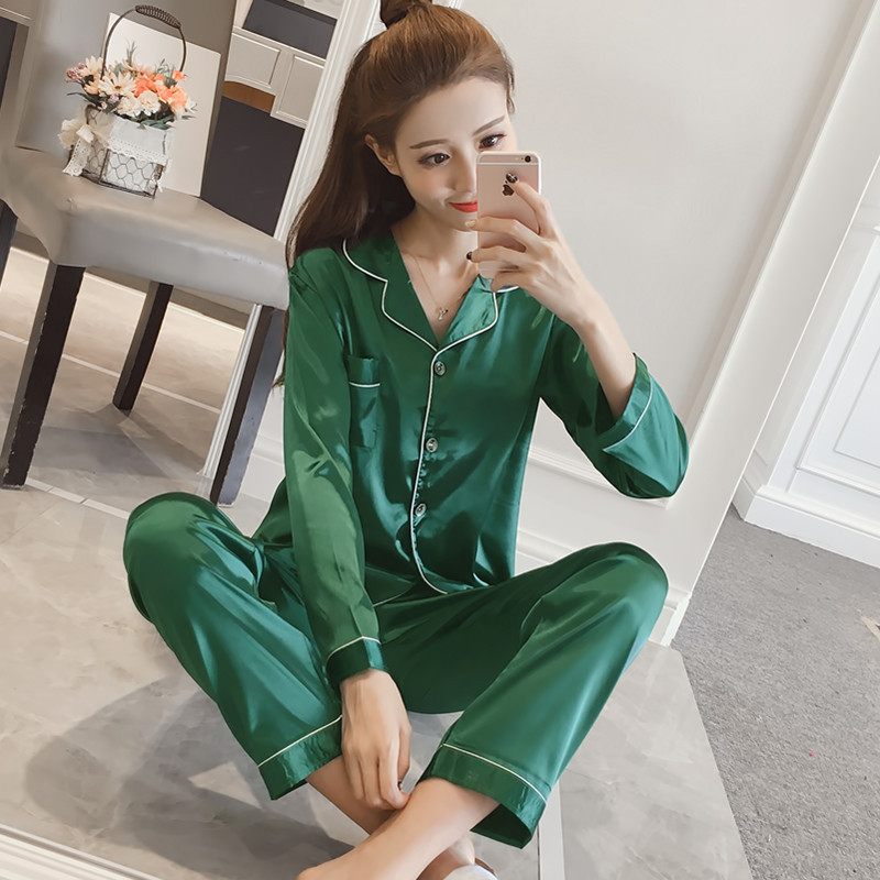 Dames Pyjama Los Effen Kleur Vest Lange Mouw Zijden Homewear Pakken