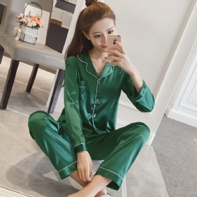 Dames Pyjama Los Effen Kleur Vest Lange Mouw Zijden Homewear Pakken