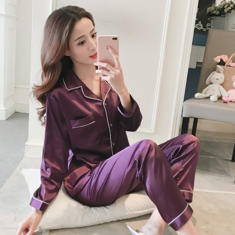 Dames Pyjama Los Effen Kleur Vest Lange Mouw Zijden Homewear Pakken