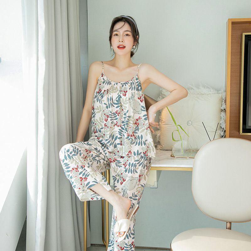 Dames Pyjama Met Jarretels Katoen Zijde Bloemen Sexy Homewear Set