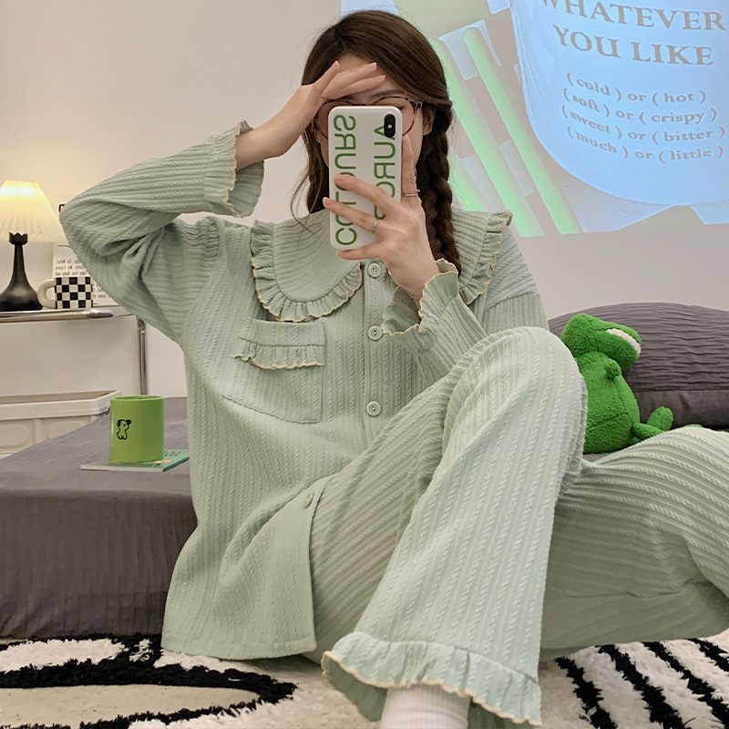 Dames Pyjama Schattige Zoete Effen Kleur Broek Met Lange Mouwen Huiskleding Set