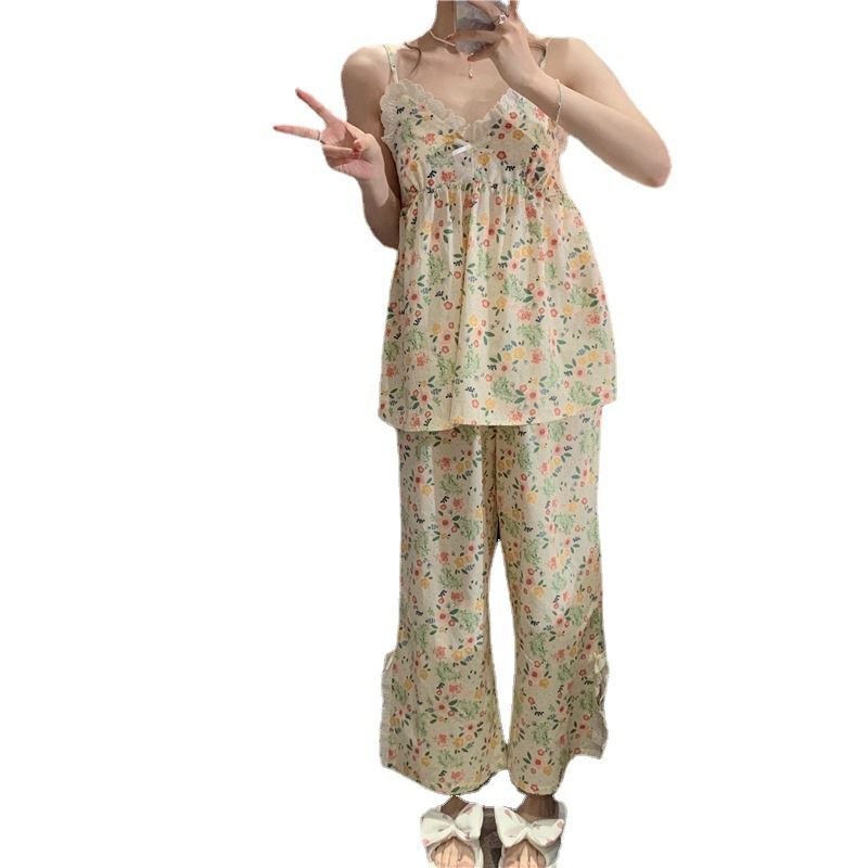 Dameshuiskleding Mode Bloemen Kant Kanten Pyjama V-hals Bretels Broek Tweedelige Set