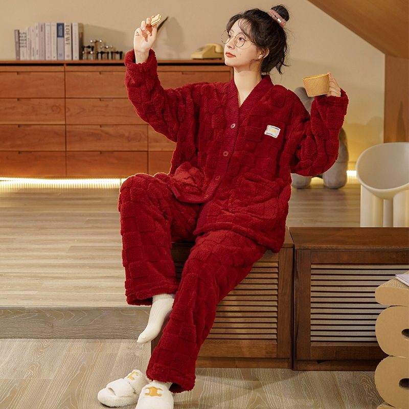 Damespyjama Dik Flanel Loungewear Rood