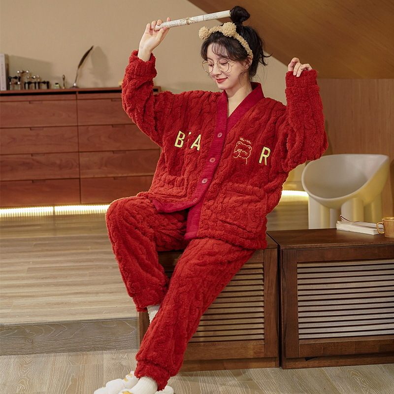 Damespyjama Dik Flanel Loungewear Rood