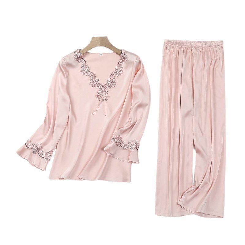 Damespyjama Sets Zijde Loungewear Kant Lange Mouwen