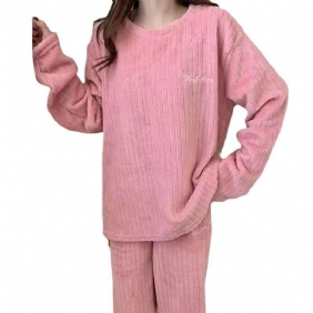 Gestreepte Dames Pyjama Dik Koraal Fleece Pak Casual Homewear