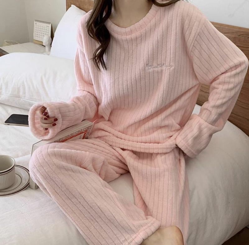 Gestreepte Dames Pyjama Dik Koraal Fleece Pak Casual Homewear