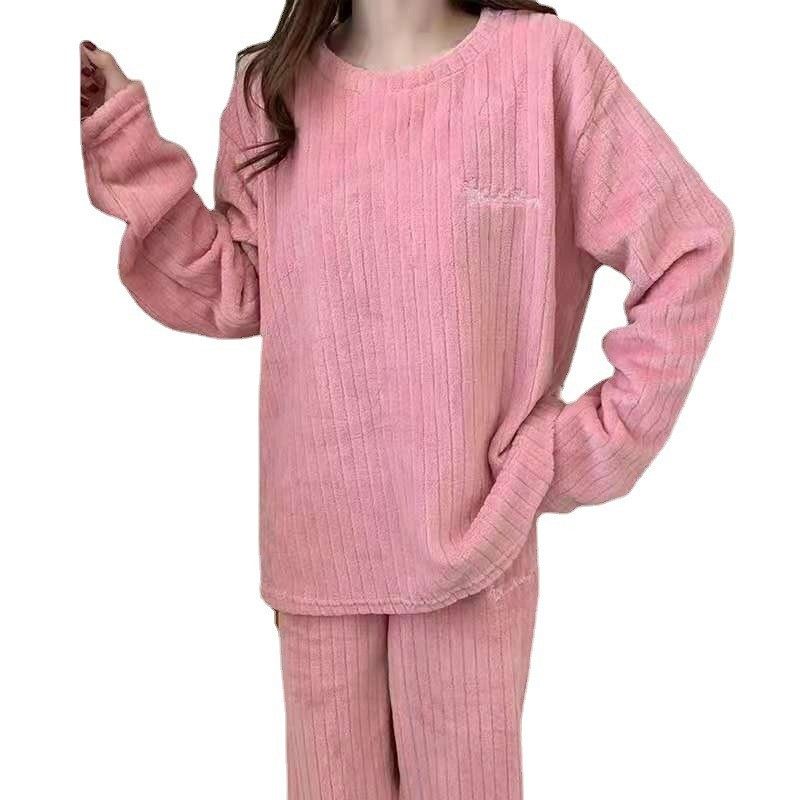 Gestreepte Dames Pyjama Dik Koraal Fleece Pak Casual Homewear