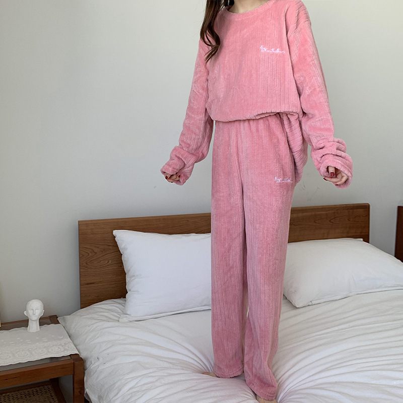 Gestreepte Dames Pyjama Dik Koraal Fleece Pak Casual Homewear