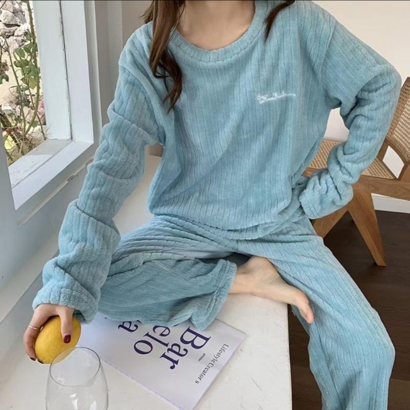 Gestreepte Dames Pyjama Dik Koraal Fleece Pak Casual Homewear