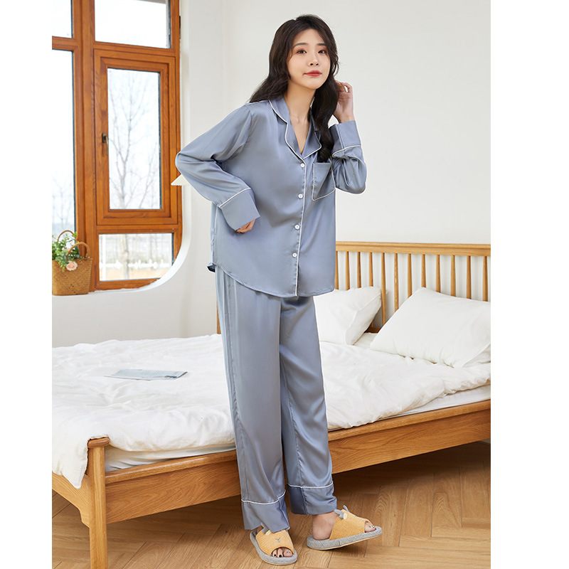 Losse Dames Pyjama Satijn Chiffon Broek Met Lange Mouwen Loungewear Effen Kleur