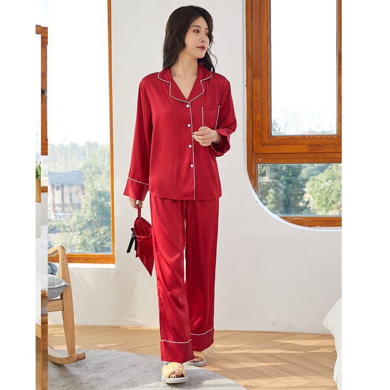 Losse Dames Pyjama Satijn Chiffon Broek Met Lange Mouwen Loungewear Effen Kleur