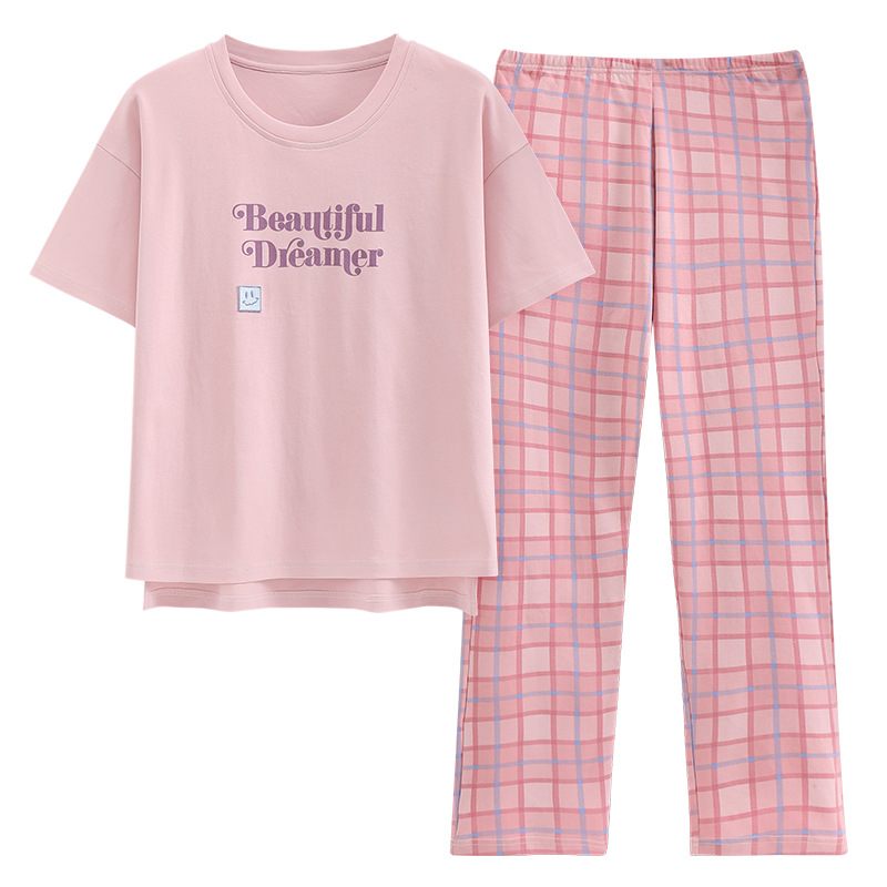 Pyjama's Van Puur Katoen Dames Roze Geruite Broek Loungewear Broekpakken Met Korte Mouwen