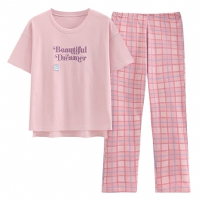 Pyjama's Van Puur Katoen Dames Roze Geruite Broek Loungewear Broekpakken Met Korte Mouwen