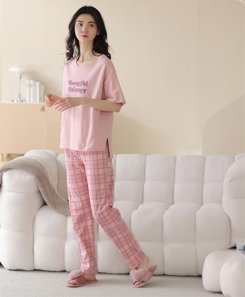 Pyjama's Van Puur Katoen Dames Roze Geruite Broek Loungewear Broekpakken Met Korte Mouwen