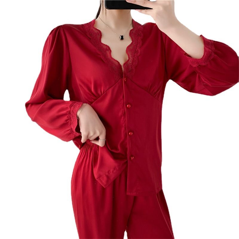 Pyjama's Voor Dames Lange Mouwen Effen Kleuren Kanten Boorden Zijden Loungewear-pakken