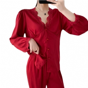 Pyjama's Voor Dames Lange Mouwen Effen Kleuren Kanten Boorden Zijden Loungewear-pakken