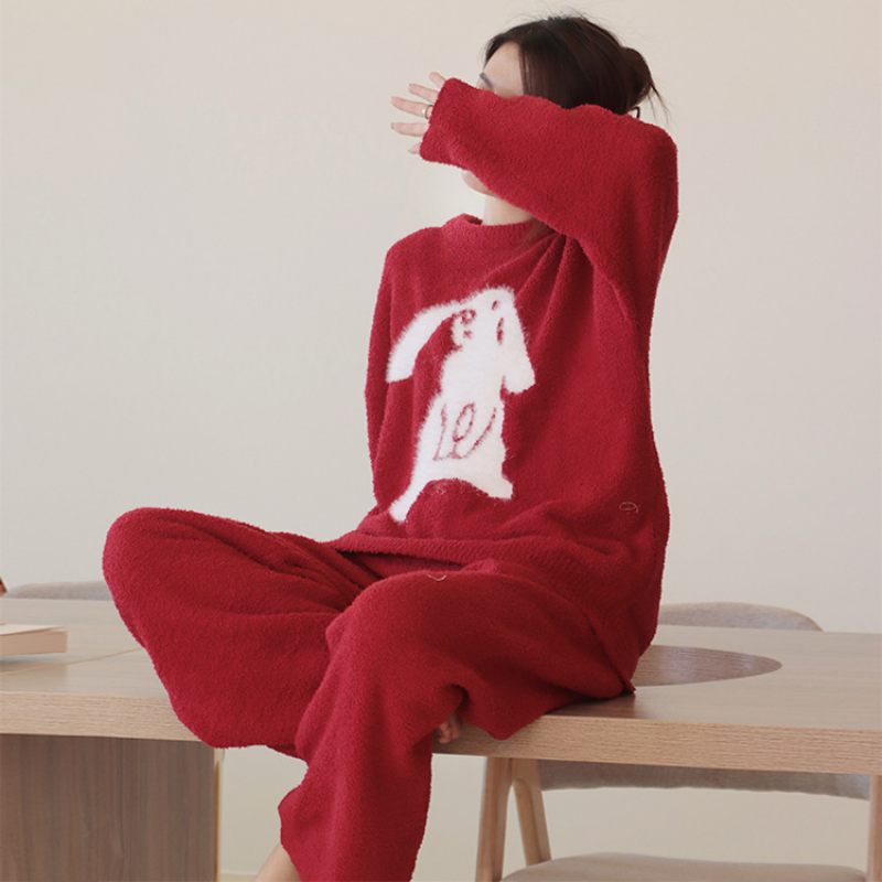 Pyjama's Voor Dames Warm Half Fleece Casual Homewear-pakken Met Lange Mouwen