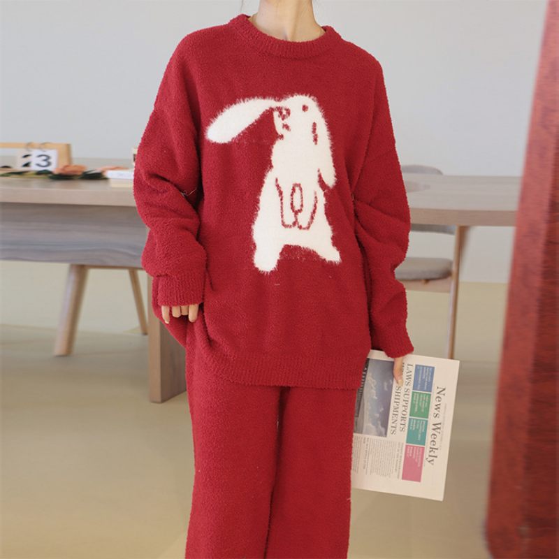 Pyjama's Voor Dames Warm Half Fleece Casual Homewear-pakken Met Lange Mouwen