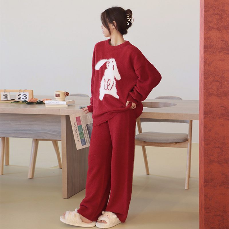 Pyjama's Voor Dames Warm Half Fleece Casual Homewear-pakken Met Lange Mouwen