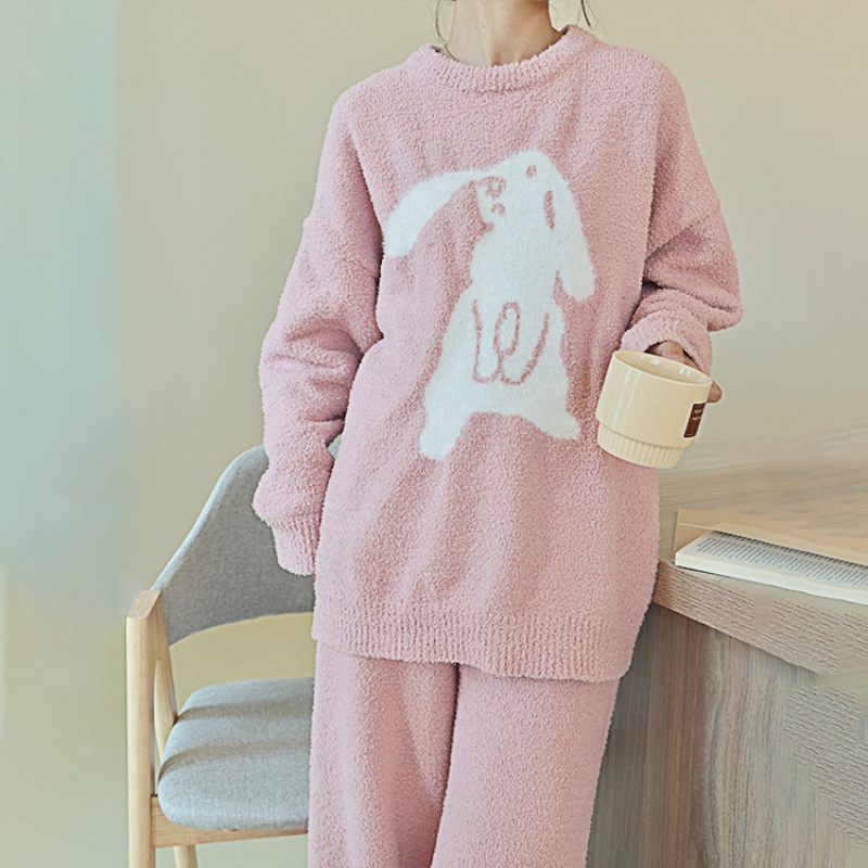 Pyjama's Voor Dames Warm Half Fleece Casual Homewear-pakken Met Lange Mouwen