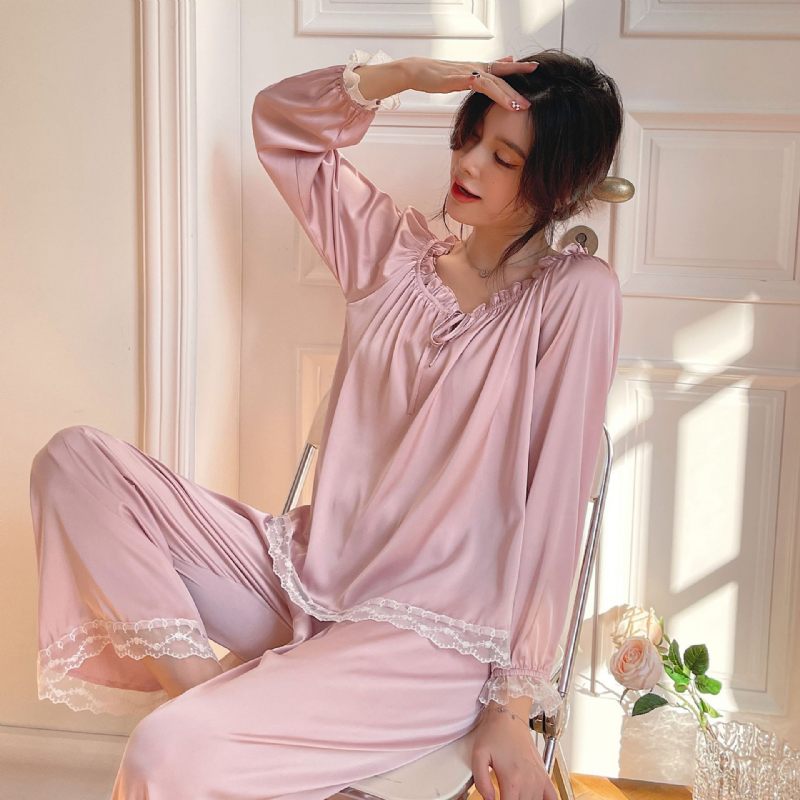 Zijden Pyjama Voor Dames Homewear Sweet Home-broekenset Met Lange Mouwen