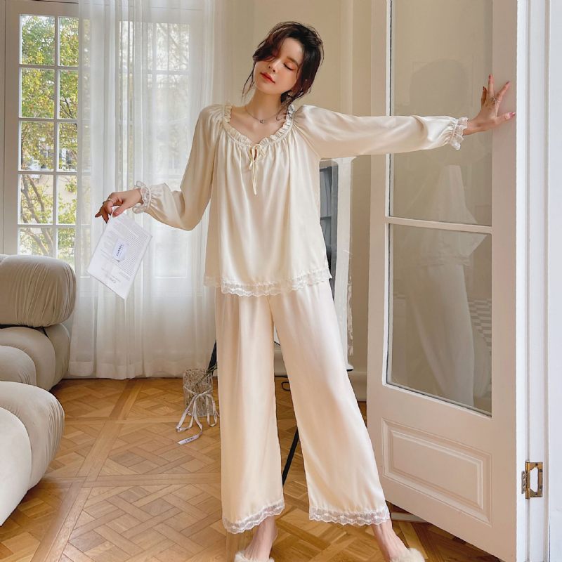 Zijden Pyjama Voor Dames Homewear Sweet Home-broekenset Met Lange Mouwen