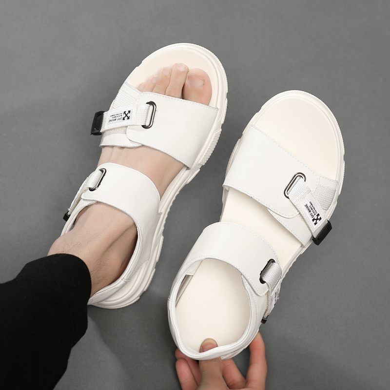 2024 Sandalen Paar Zomer Lederen Koeienhuid Mannen Casual Strand Schoenen Klittenband Slippers Grote Maat Heren