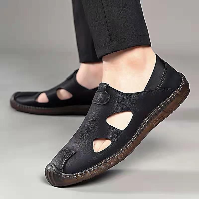 2024 Zomer Nieuwe Heren Leren Ademende Sandalen Handgestikte Casual