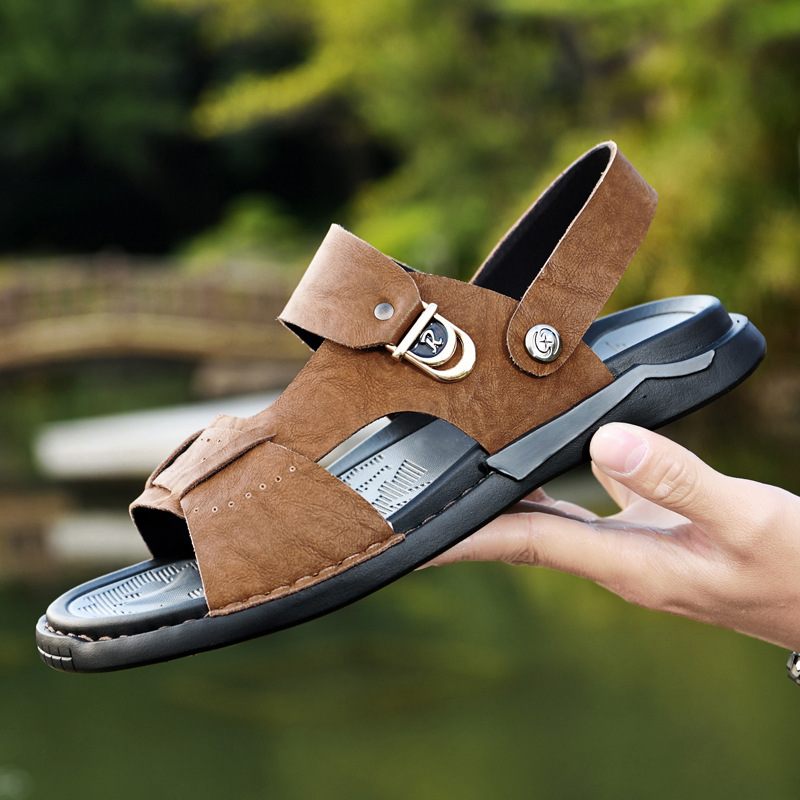 2024 Zomer Nieuwe Heren Leren Sandalen Outdoor Ademende Slippers Mode Retro Casual Strandschoenen