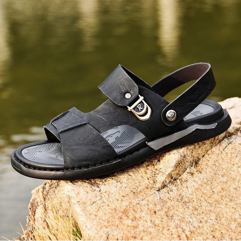 2024 Zomer Nieuwe Heren Leren Sandalen Outdoor Ademende Slippers Mode Retro Casual Strandschoenen