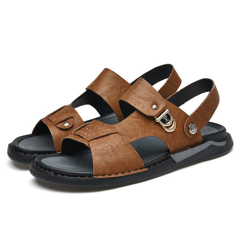 2024 Zomer Nieuwe Heren Leren Sandalen Outdoor Ademende Slippers Mode Retro Casual Strandschoenen