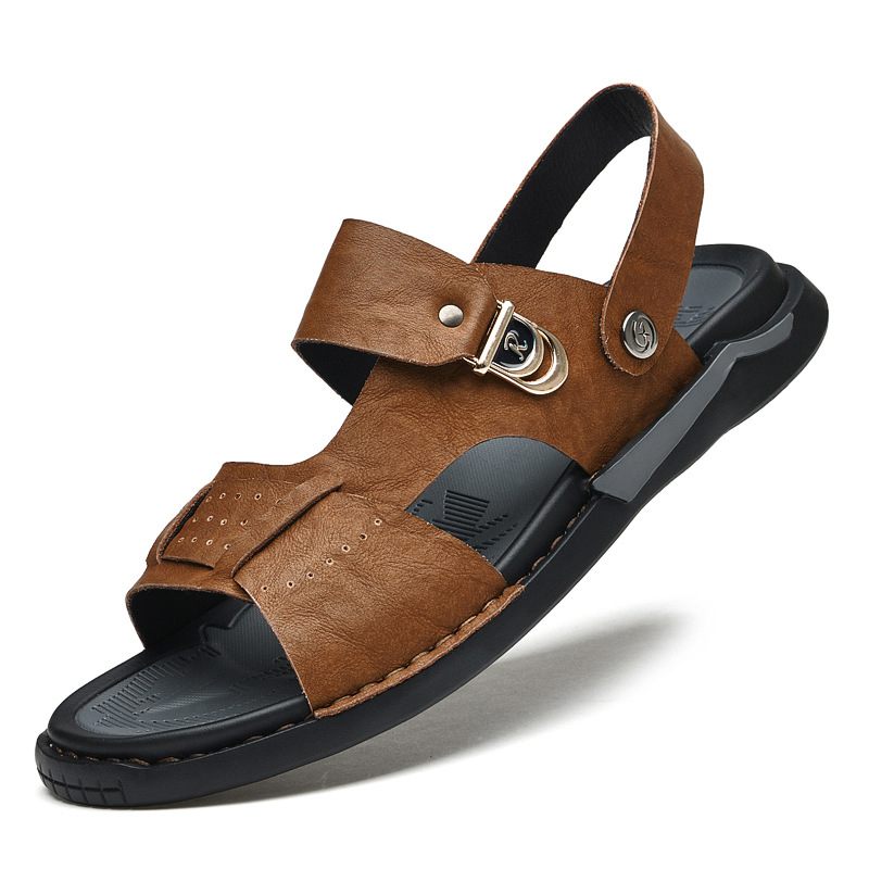 2024 Zomer Nieuwe Heren Leren Sandalen Outdoor Ademende Slippers Mode Retro Casual Strandschoenen