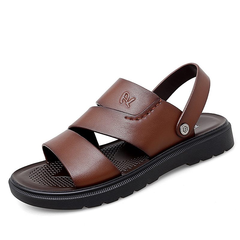 2024 Zomer Nieuwe Lederen Herensandalen Met Zachte Zool Mode Casual Strand Voor Tweeërlei Gebruik Slippers Schoenen