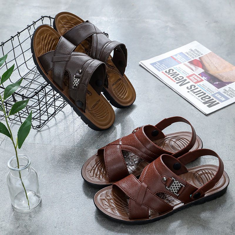 2024 Zomer Nieuwe Leren Sandalen Heren Casual Dad Slippers Voor Tweeërlei Gebruik Strandschoenen