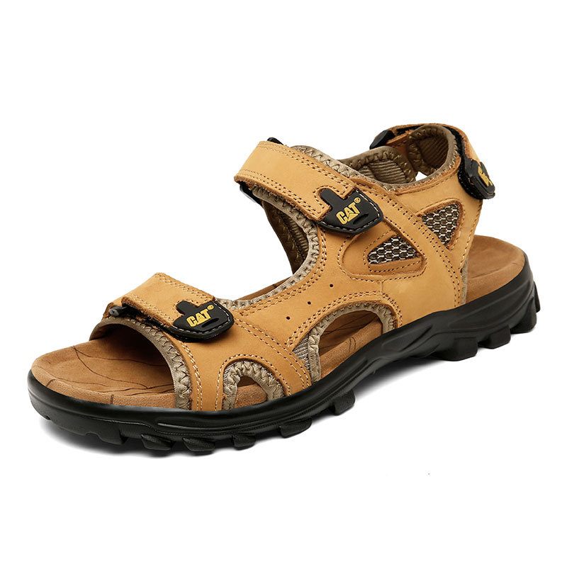 2024 Zomer Nieuwe Mannen Leren Sandalen Outdoor Open Tenen Strand Schoenen Grote Maat Dikke Bodem Klittenband Slippers