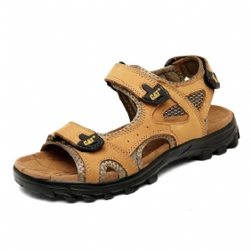 2024 Zomer Nieuwe Mannen Leren Sandalen Outdoor Open Tenen Strand Schoenen Grote Maat Dikke Bodem Klittenband Slippers