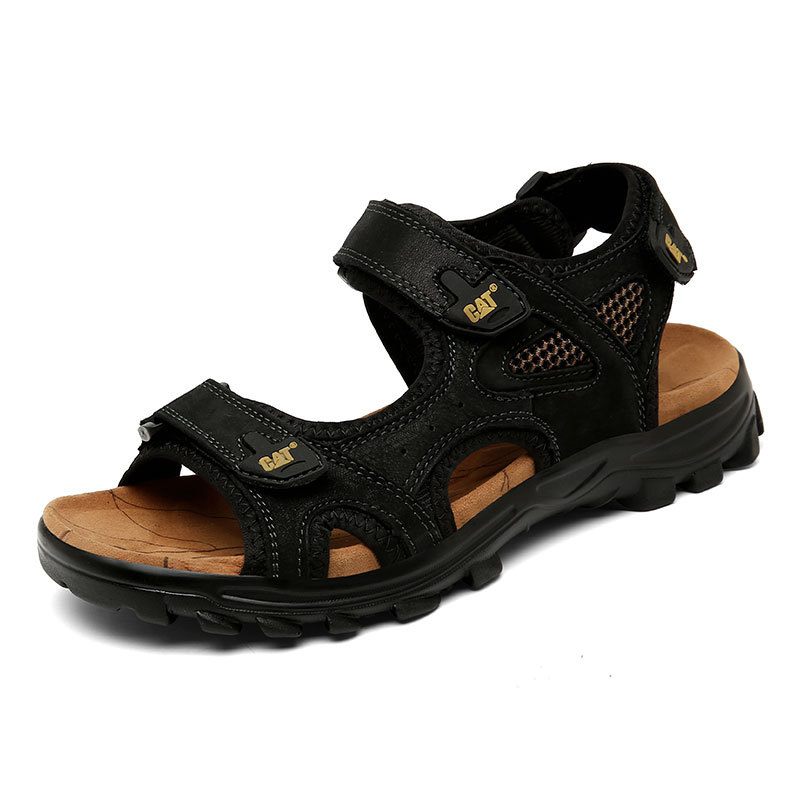 2024 Zomer Nieuwe Mannen Leren Sandalen Outdoor Open Tenen Strand Schoenen Grote Maat Dikke Bodem Klittenband Slippers