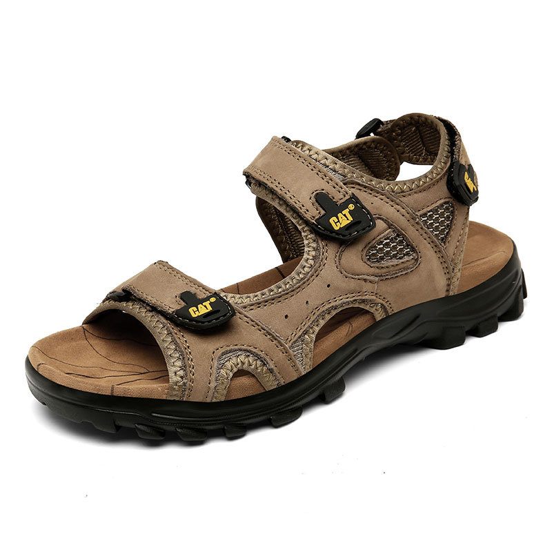 2024 Zomer Nieuwe Mannen Leren Sandalen Outdoor Open Tenen Strand Schoenen Grote Maat Dikke Bodem Klittenband Slippers