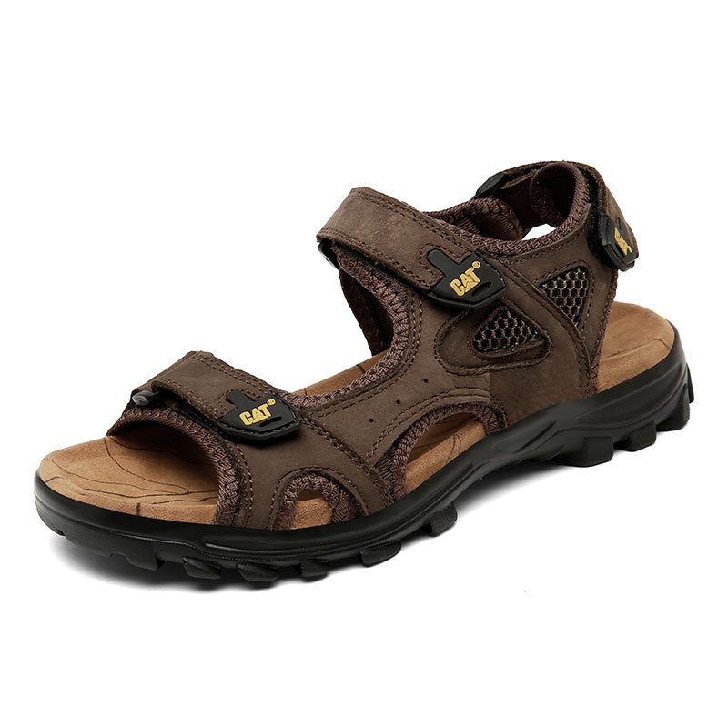 2024 Zomer Nieuwe Mannen Leren Sandalen Outdoor Open Tenen Strand Schoenen Grote Maat Dikke Bodem Klittenband Slippers